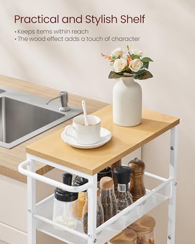 VASAGLE 5-Tier Slim Rolling Storage cart with Wheels, 8.7 Inches, Metal - color: Oak Beige + Classic White, size: 5 Tiers (8.7"D x 39.2"H)