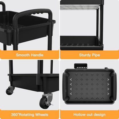 4 Tier Rolling Utility Cart with Handle,REBECAT Utility Cart Made of Multifunctional Storage Organizer Tool for Kitchen,Bathroom,Living Room,Office(Black) - color: Black