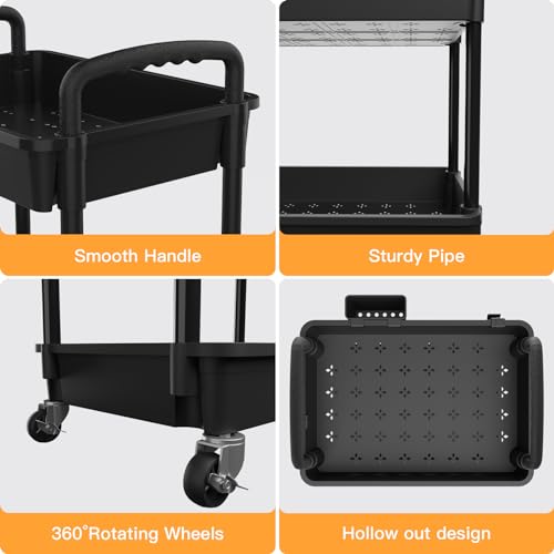 5 Tier Rolling Utility Cart with Handle,REBECAT Utility Cart Made of Multifunctional Storage Organizer Tool for Kitchen,Bathroom,Living Room,Office(Black) - color: Black