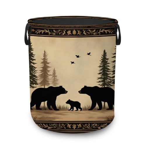 Laundry Hamper,Bear Rustic Cabin Collapsible Laundry Basket with Handles,Pine Forest Waterproof Oxford Cloth Clothes Organizer for Bedroom Bathroom Dorm Nursery,16 x 20 Inch - color: Bear Rustic Cabin,Pine Forest