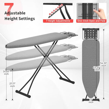 Ironing Board, 43"×13" with Iron Rest, Sturdy 4 Layer 7 Adjustable Height - color: Gray, size: 43"L x 13"W
