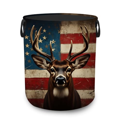 Patriotic Deer Collapsible Laundry Hamper,Rustic American Flag Waterproof Oxford Cloth Clothes Basket with Handles for Bathroom Bedroom Nursery Dorm Room,16" x 20" - color: Patriotic Deer,Rustic American Flag