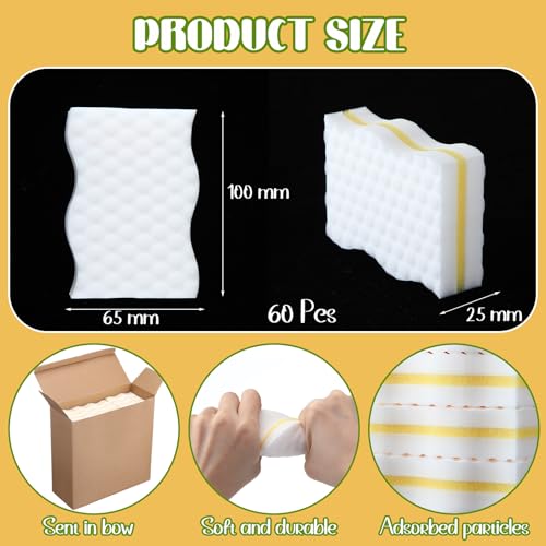 SiliFine 60 Pack Magic Extra Durable Sponge Eraser 3 Layer Density Cleaning Pads in Bulk Thick More Lasting Sponge Eraser for Bathroom Kitchen Floor Bathtub Toilet Cleaner(Yellow and White) - color: Yellow and White
