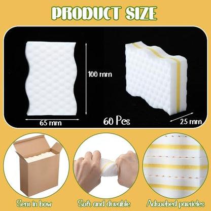 SiliFine 60 Pack Magic Extra Durable Sponge Eraser 3 Layer Density Cleaning Pads in Bulk Thick More Lasting Sponge Eraser for Bathroom Kitchen Floor Bathtub Toilet Cleaner(Yellow and White) - color: Yellow and White