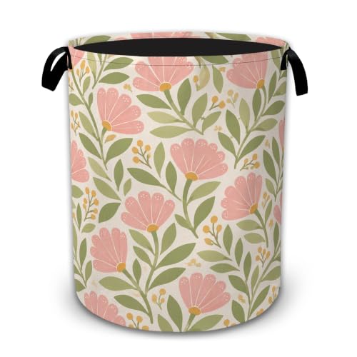 Pink Retro Floral Large Laundry Hamper, Collapsible Oxford Clothes Basket with Handles, Freestanding Dirty Clothes Organizer for Bedroom Bathroom Dorm Laundry Room, 16 x 20.8 Inch - color: Pink Retro Floral