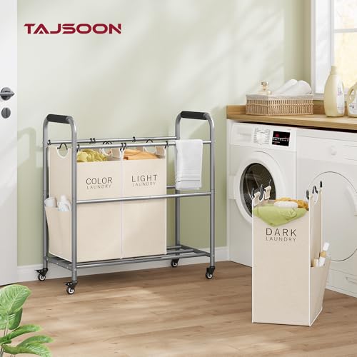 Tajsoon 3 Bag Laundry Sorter Cart with Removable Bags, Beige - color: Beige, size: 3 Bag