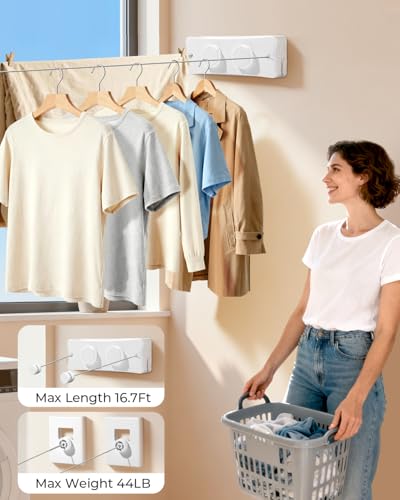 Retractable Clothesline 2X16.7 ft – Heavy-Duty 44 lb, Rust-Proof Stainless Steel, Wall-Mounted Indoor/Outdoor Clothes Line, Easy Install for Bathroom, Balcony & Apartment - color: White, size: Double Line