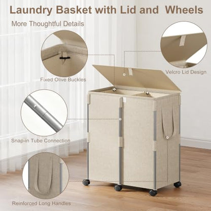 140L Double Laundry Hamper with Lid and 6 Wheels, Rolling Laundry Basket - color: Beige, size: 140l(24.8"l X 14.2"w X 26"h)