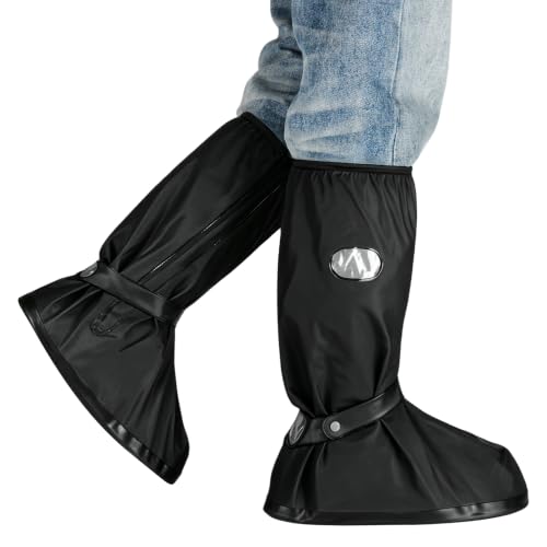 Waterproof Reusable Boot Covers for Men & Women, Extended Mid-Calf Rain Shoe Covers with Side Zipper, Dual Buckle Fit, Slip-Resistant Sole, Reflective Trim & Storage Pouch - color: Black, size: M 10–11 / W 12–13