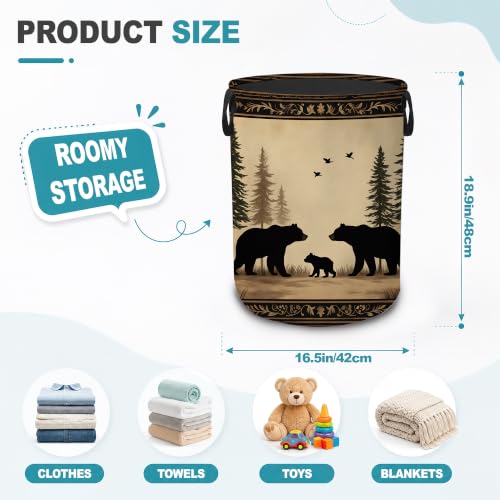 Laundry Hamper,Bear Rustic Cabin Collapsible Laundry Basket with Handles,Pine Forest Waterproof Oxford Cloth Clothes Organizer for Bedroom Bathroom Dorm Nursery,16 x 20 Inch - color: Bear Rustic Cabin,Pine Forest