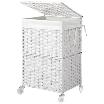 Chrislley Wicker Laundry Basket with Wheels,Rolling Laundry Hamper with Lid - color: White