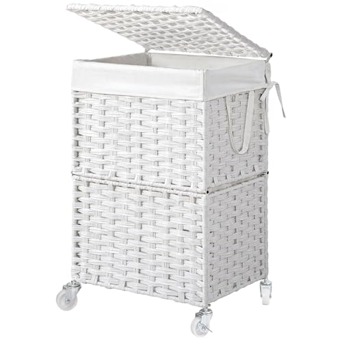 Chrislley Wicker Laundry Basket with Wheels,Rolling Laundry Hamper with Lid - color: White