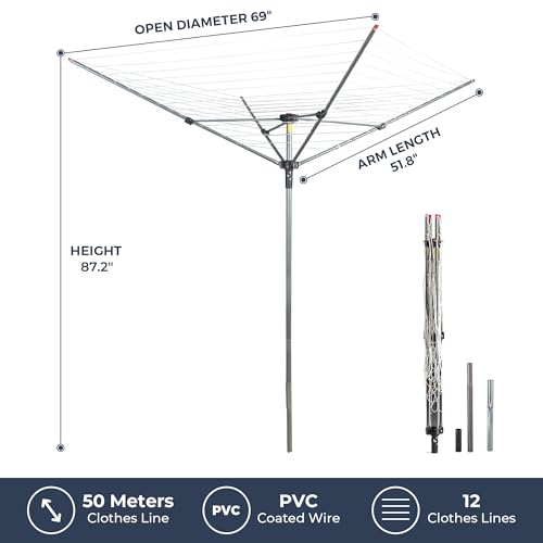 STO STO Umbrella Clothesline Outdoor Drying Rack, 164 Feet Rotary Clothes Drying Rack with Adjustable Height, Folding Laundry Line with Metal Ground Spike for Backyard, Patio, Garden, Heavy Duty - size: 164 Feet