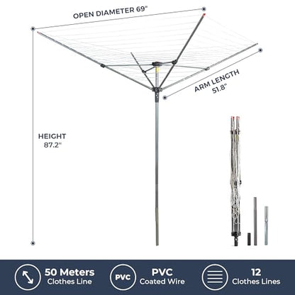 STO STO Umbrella Clothesline Outdoor Drying Rack, 164 Feet Rotary Clothes Drying Rack with Adjustable Height, Folding Laundry Line with Metal Ground Spike for Backyard, Patio, Garden, Heavy Duty - size: 164 Feet