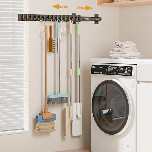 Pull Out Broom Holder With 14 Adjustable Row Sliding Hook - Black 22inch - color: Black, size: 56cm/22.05inch