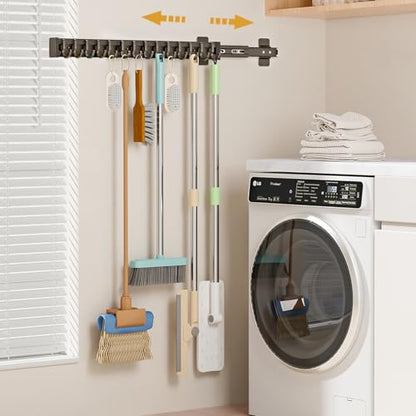 Pull Out Broom Holder With 14 Adjustable Row Sliding Hook - Black 22inch - color: Black, size: 56cm/22.05inch