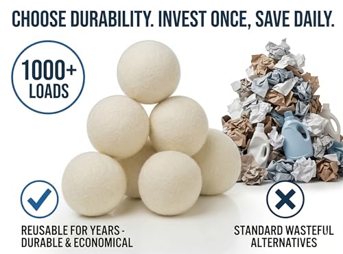XL Wool Dryer Balls (6-Pack) - 100% Organic New Zealand Wool Laundry Balls for Dryer - Natural Fabric Softener & Reusable Anti Static Solution to Reduce Wrinkles & Shorten Drying Time