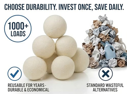 XL Wool Dryer Balls (6-Pack) - 100% Organic New Zealand Wool Laundry Balls for Dryer - Natural Fabric Softener & Reusable Anti Static Solution to Reduce Wrinkles & Shorten Drying Time
