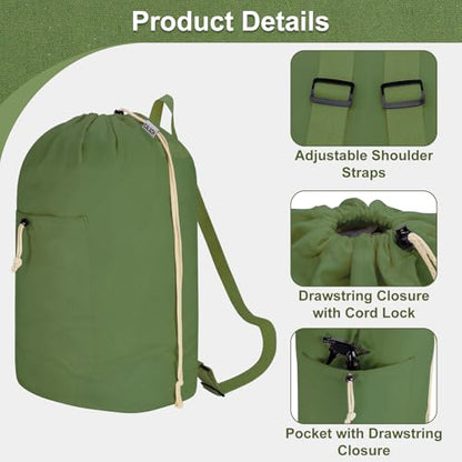 Laundry Bag Backpack, Canvas Laundry Bag with Straps & Drawstring Armygreen - color: Army Green, size: X-Large