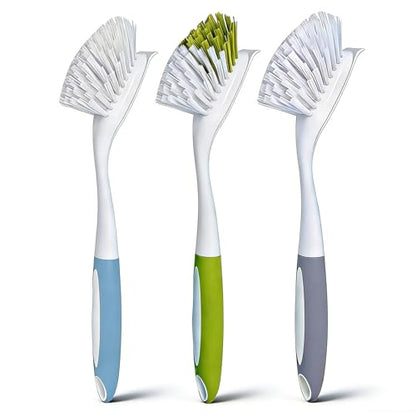 Dish Brush Scrub Brush with Handle - 3 Pack Stiff Bristles Dish Scrubber for Cleaning Dishes, Pots, Pans, Sink, Cast Iron - Hard Bristles,No Residue (Yellow-Green, Gray, Light Blue) - color: Yellow-green, Gray, Light Blue