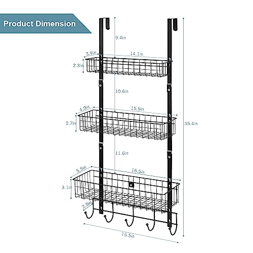 ETELI Over the Door Pantry Organizer 3 Tier Hanging Basket Back Door Storage Rack Shelf Metal Over the Door Shelves with 3 Baskets and 5 Hooks for Bathroom Kitchen Pantry Bedroom, Black - color: Black