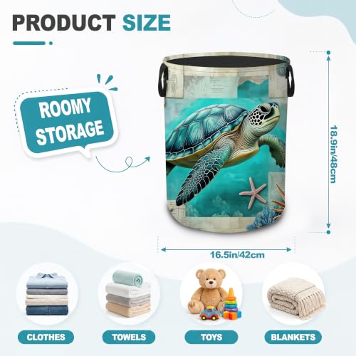 Laundry Basket,Sea Turtle Beach Foldable Clothes Hamper with Handles,Coastal Ocean Waterproof Oxford Cloth Storage Organizer for Bedroom Bathroom College Dorm,16" x 20" - color: Sea Turtle Beach,Coastal Ocean