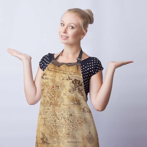 Baking Apron for Women Pirate Treasure Map Fun Aprons for Men for Kitchen Cooking Restaurant BBQ Painting Crafting 27” (W) x 31” (H), Waterproof Aprons - color: Pirate Treasure Map