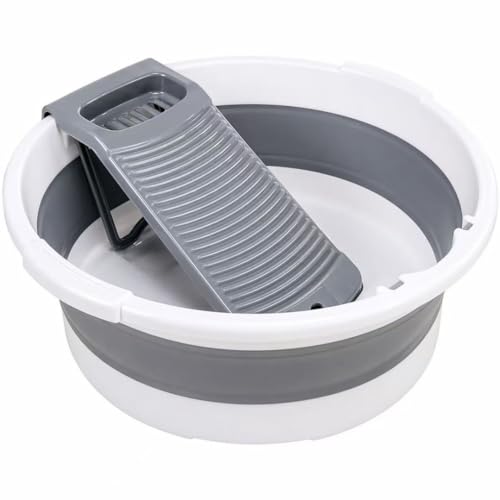 Fold Washboard Basin for Hand Washing Clothes,Non-Slip Washtub with Integrated Washboard for Hand Wash Laundry Household (Grey) - color: Gray