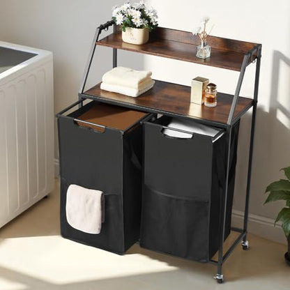 VEVOR 2 Tiers Laundry Sorter, Tall Laundry Hamper with Metal Frame and Wooden Tabletop, 2 Section Rolling Basket Organizer Storage with Ladder Shelves and 600D Oxford Cloth Bags for Dirty Clothes - style: 2 Tiers