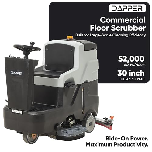Battery Powered Ride-On Commercial Floor Scrubber Machine, 30" Brush, 39" Squeegee Width, 24 gal Solution Tank, 25 gal Recovery Tank, 5 hr Use 8 hr Charge, 180 RPM, 52,000 Sqft/H, Batteries Included - size: 30"