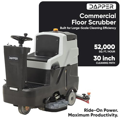 Battery Powered Ride-On Commercial Floor Scrubber Machine, 30" Brush, 39" Squeegee Width, 24 gal Solution Tank, 25 gal Recovery Tank, 5 hr Use 8 hr Charge, 180 RPM, 52,000 Sqft/H, Batteries Included - size: 30"