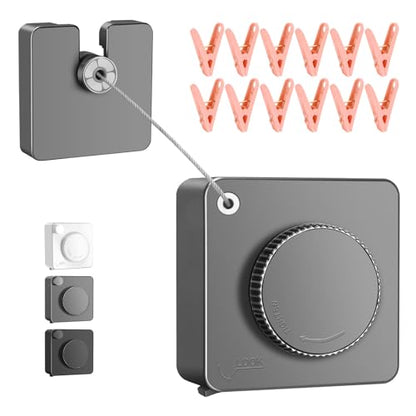 15.7Ft Retractable Clothesline Indoor is Also an Anti-sag Retractable Clothesline Outdoor,Stainless Steel Wire Laundry line Retractable for Drying Clothes ，with 12 Clip (Grey) - color: Gray