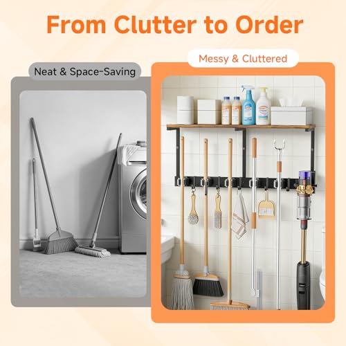 3 in 1Broom Holder Wall Mount,Laundry Room Organization and Storage Shelves with 5 Mop Hanger Rack Gripper Hooks,Utility Shelf Closet Organizer for Garage, Garden,Kitchen,Closet