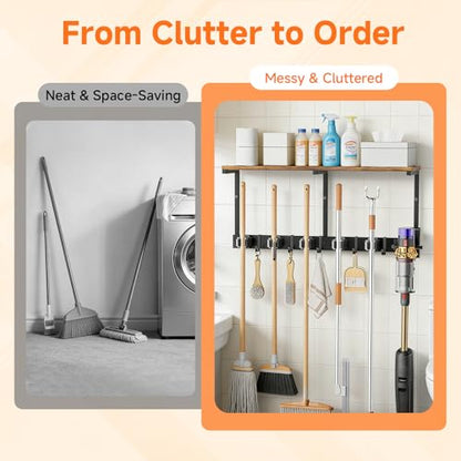 3 in 1Broom Holder Wall Mount,Laundry Room Organization and Storage Shelves with 5 Mop Hanger Rack Gripper Hooks,Utility Shelf Closet Organizer for Garage, Garden,Kitchen,Closet