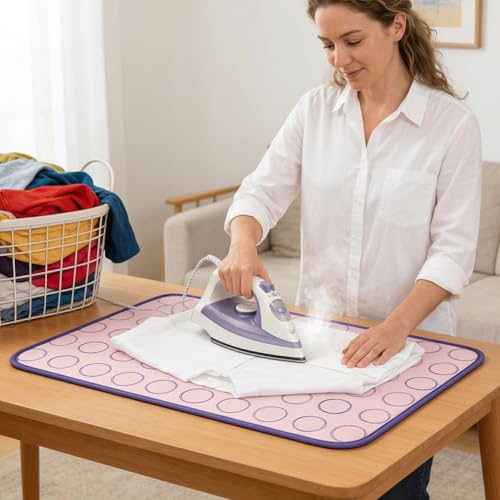 Foldable Heat-Resistant Ironing Mat, Portable Ironing Pad with Silicone Iron Rest, Non-Slip Backing Clothes Steamer Board for Countertop Travel Home, Red 70x40cm - color: Pink, size: Medium