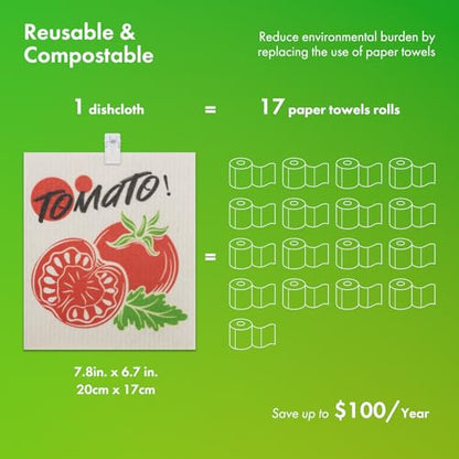Swedish Dishcloths for Kitchen, 6 Pack Vegetable Swedish Dish Towels with Clips, Reusable Paper Towels Washable Non-Scratch Super Absorbent Cellulose Sponge Cloths, Biodegradable No Odor - color: Vegetable
