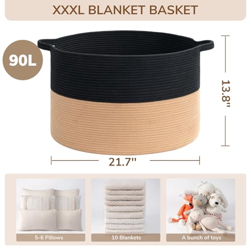 INDRESSME XXXLarge Woven Rope Blanket Basket Living Room Black Camel, 90L - color: Black & Camel, size: 21.7"D x 13.8"H