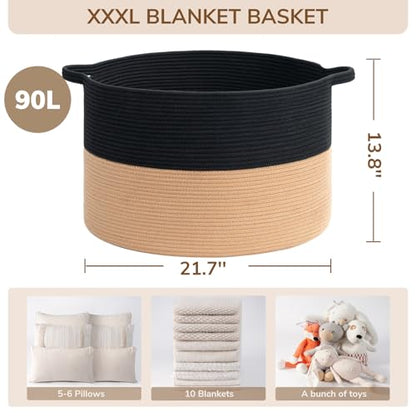 INDRESSME XXXLarge Woven Rope Blanket Basket Living Room Black Camel, 90L - color: Black & Camel, size: 21.7"D x 13.8"H