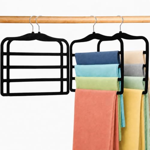 4 Pack Space Saving Velvet Pants Hangers, Dorm Room Essentials, Non-Slip Multi-Tier Closet Organizer for Jeans & Slacks, Maximize Wardrobe Storage with Multi-Purpose Rack for Shorts, Scarves & Ties - color: Black, size: 4 Pack