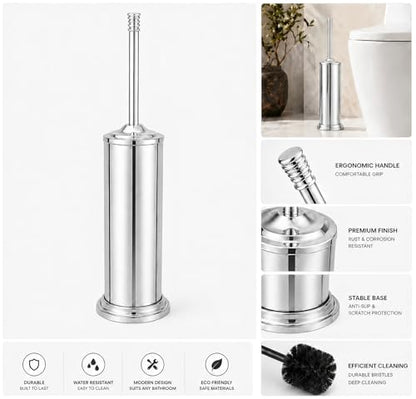 Chrome Toilet Brush and Holder Set，Extra Long Handled Toilet Bowl Brush and Holder，Stainless Steel Heavy Duty Toilet Brush for Bathroom,Deep Cleaning Modern Toilet Cleaner Slip Base - color: Chrome