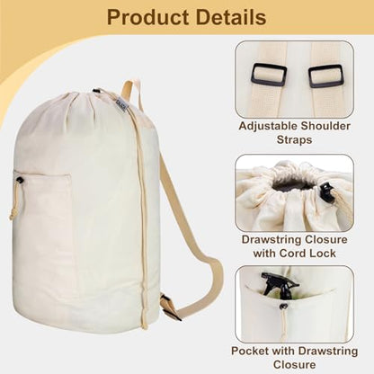 Laundry Bag Backpack, Canvas Laundry Bag with Straps & Drawstring, Beige XL - color: Beige, size: X-Large
