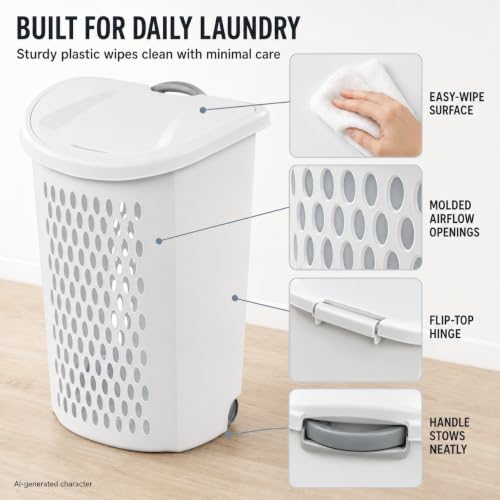 White Rolling Laundry Hamper with Wheels & Handle, 2 Bushel - color: White -Wheel-2 Bushel