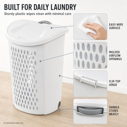 White Rolling Laundry Hamper with Wheels & Handle, 2 Bushel - color: White -Wheel-2 Bushel
