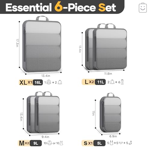 Veken 6/9/11 Set Compression Packing Cubes for Travel Essentials,Compressible Expandable Large Luggage Suitcase Organizer Bags for Clothing,Space Saver Bags with Over 1000 pcs of Mesh Holes(Gray) - color: Gray, size: 6 set