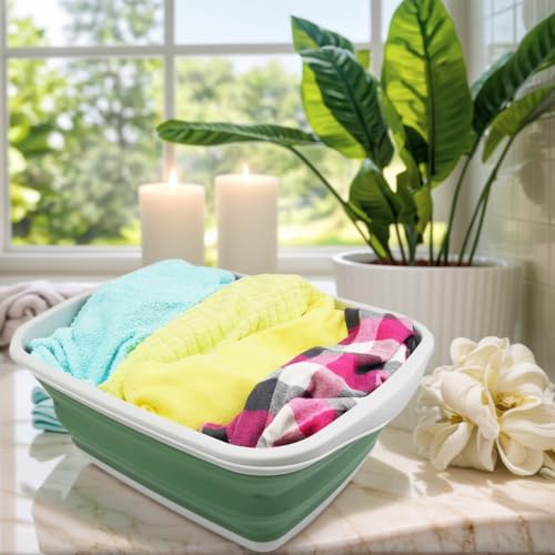 SAMMART 10L (2.6 Gallons) Collapsible Tub - Foldable Dish Tub - Portable Washing Basin - Space Saving Plastic Washtub (Grey/Dark Sea Green, 1) - color: Grey/Dark Sea Green