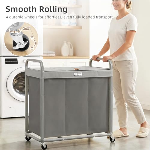 STORAGE MANIAC Laundry Hamper 3 Section with Lid Rolling Laundry Basket - color: Gray