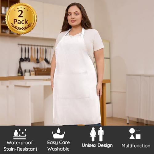 2 Pack Plus Size Waterproof Cooking Chef Apron with 2 Pockets for Men Women - color: White
