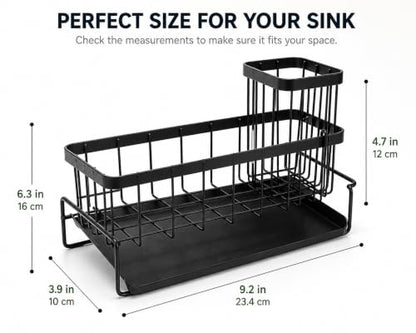Kitchen Sink Caddy Organizer with Removable Drain Tray, Rustproof Sponge Holder for Kitchen Counter, Carbon Steel Organizer for Soap Dispenser, Scrub Brush & Cleaning Accessories.