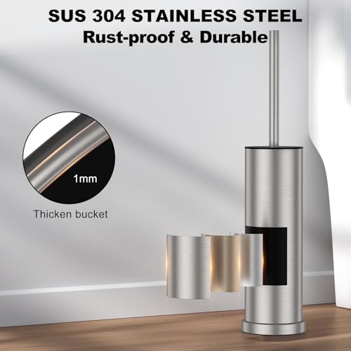Stain Nickel Toilet Brush and Holder Set，2 Pack Stainless Steel Heavy Duty Toilet Bowl Brush，Extra Long Handled Toilet Cleaner Brush with Replaceable Head, Removable Inner Bowl & Splash Protection - color: Stain Nickel-2 Pack