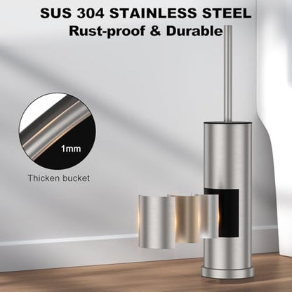 Stain Nickel Toilet Brush and Holder Set，2 Pack Stainless Steel Heavy Duty Toilet Bowl Brush，Extra Long Handled Toilet Cleaner Brush with Replaceable Head, Removable Inner Bowl & Splash Protection - color: Stain Nickel-2 Pack